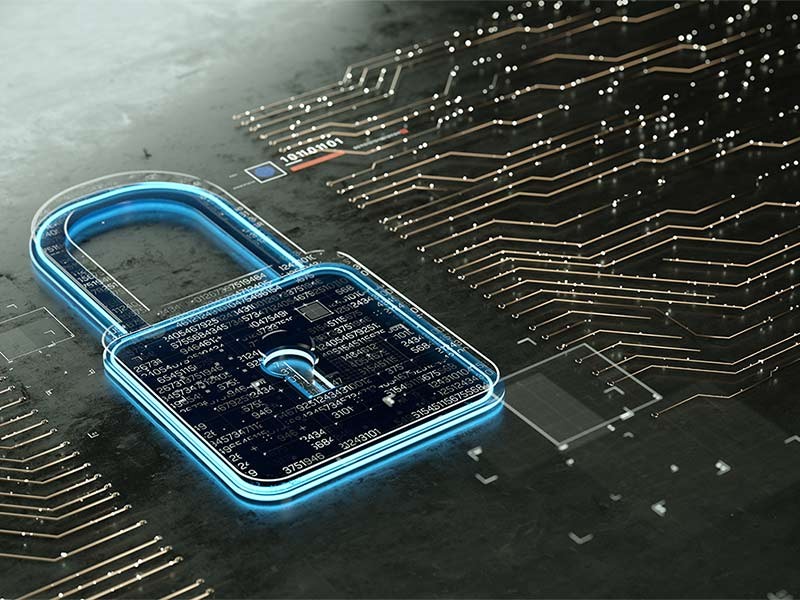 Image of a digital security lock connecting data points to represent managing risk