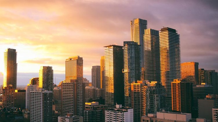 Toronto's futuristic cityscape during a marvelous sunset with skies painted with amazing palette of colours.
