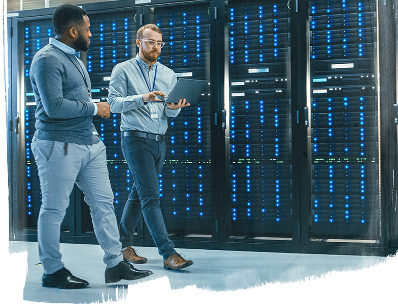 Men walking in data center