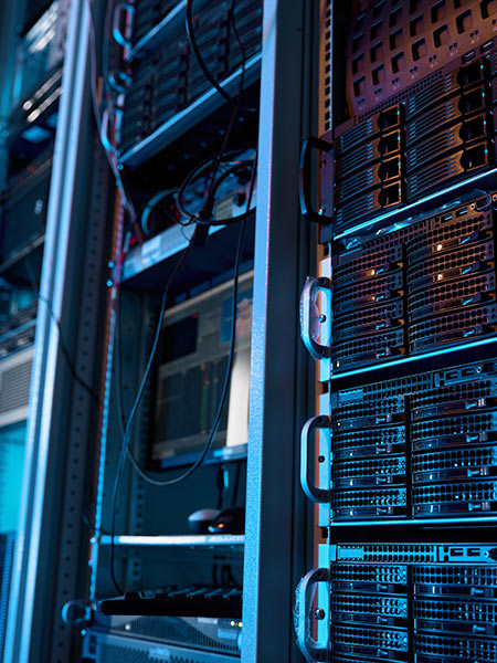 Server room with racks in a data center.