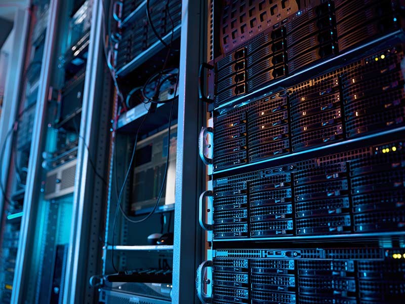 Server room with racks in a data center.