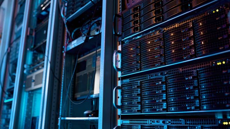 Server room with racks in a data center.