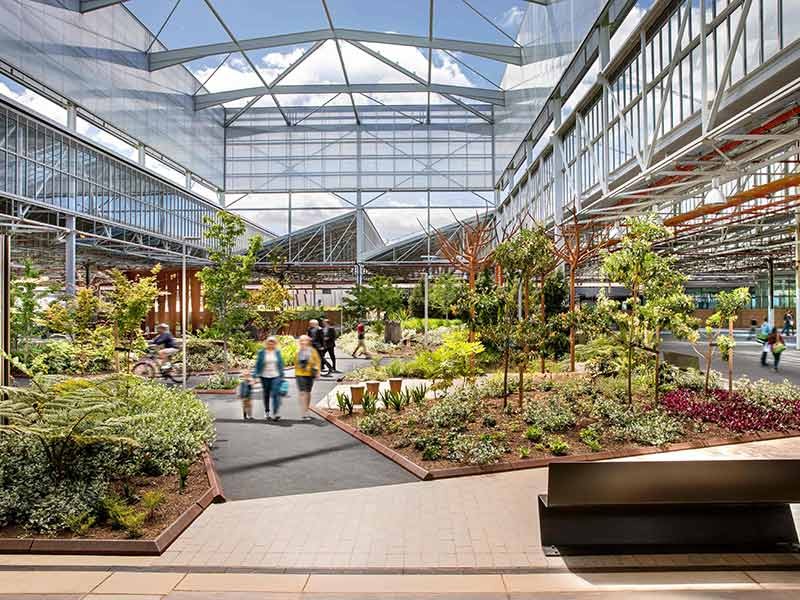 Image shows people walking along the paved paths of a landscaped ‘forest’ set amongst concrete, steel beams and glass windows. The site emerged from car manufacturer Mitsubishi’s former main assembly Building