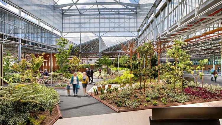 Image shows people walking along the paved paths of a landscaped ‘forest’ set amongst concrete, steel beams and glass windows. The site emerged from car manufacturer Mitsubishi’s former main assembly Building