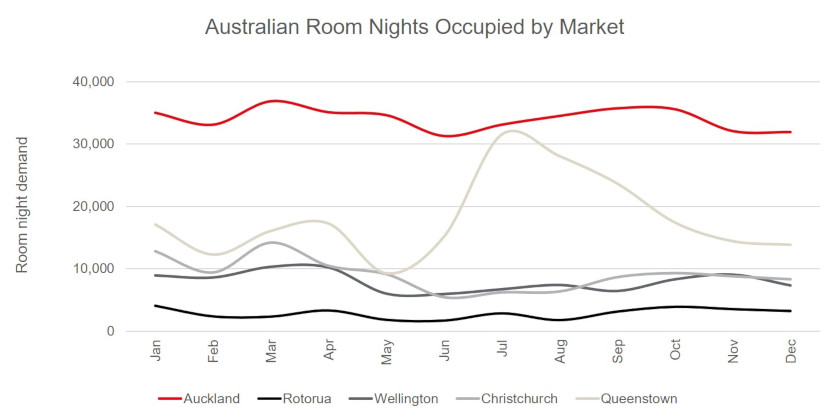 Graph showing the yearly data of australian room nights occupied by market