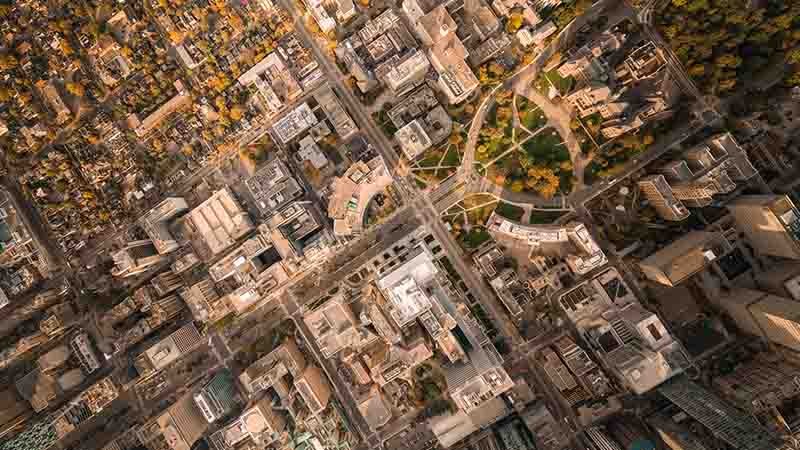 Aerial night view of urban city architecture