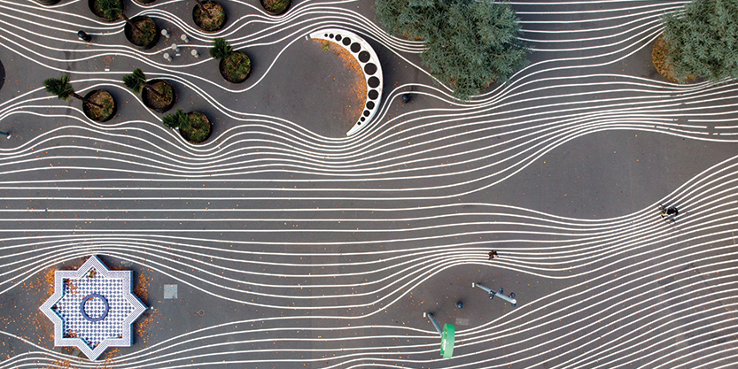 A bird’s-eye view of Superkilen Park in Copenhagen, Denmark