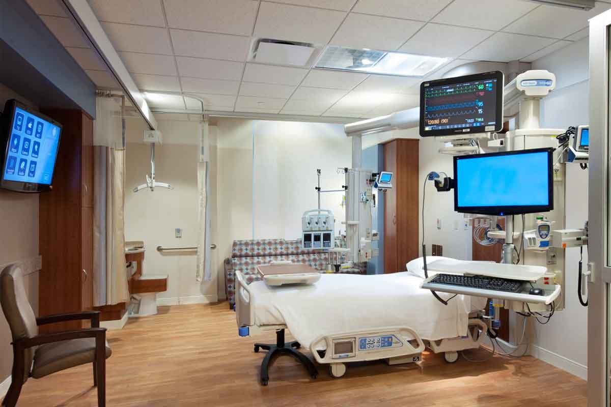 Interior view of a patient room in a hospital