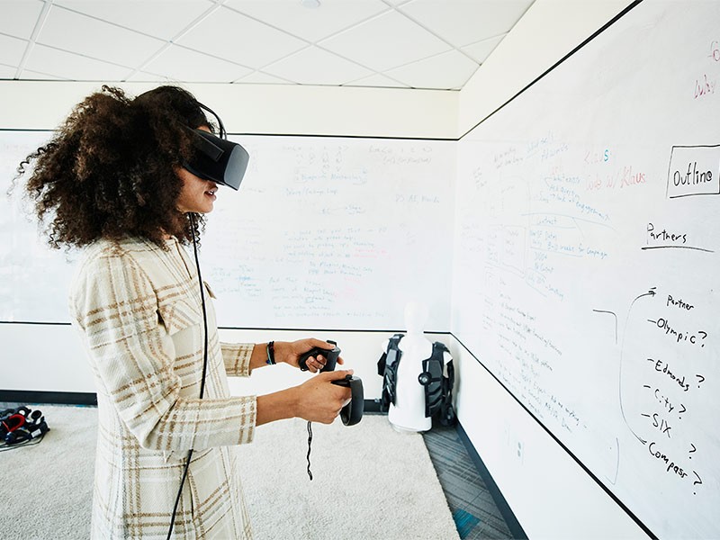 Women wearing virtual reality headset