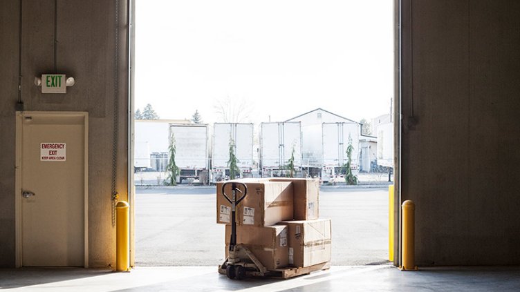 A small stack of products in boxes sitting on a manual pallet jack in a loading dock door at a distribution warehouse.