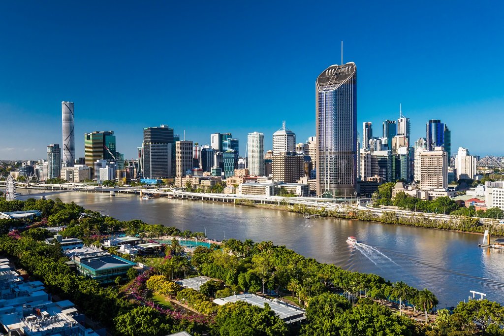 BRISBANE, AUSTRALIA - Dec 29 2016: Areal image of Brisbane CBD and South Bank. Brisbane is the capital of QLD and the third largest city in Australia