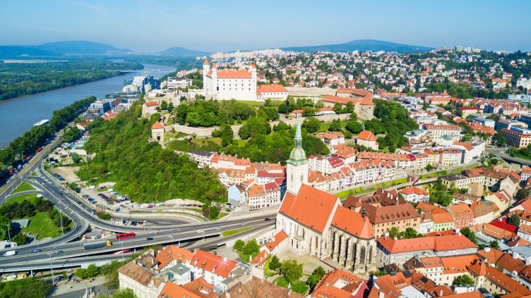 Bratislava Castle or Bratislavsky Hrad and St. Martin Cathedral aerial panoramic view. Bratislava is a capital of Slovakia.; Shutterstock ID 781644883; Departmental Cost Code : 162800; Project Code: GBLMKT; PO Number: GBLMKT; Other: 