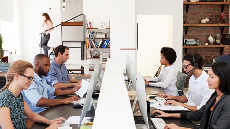 six employees in an open plan work space