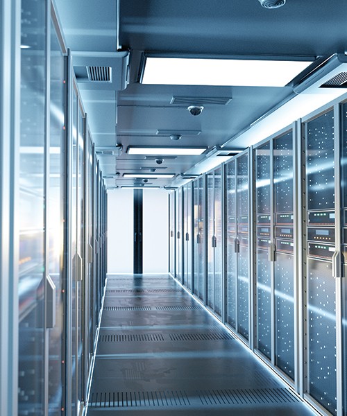 Server room view from outside in data center office