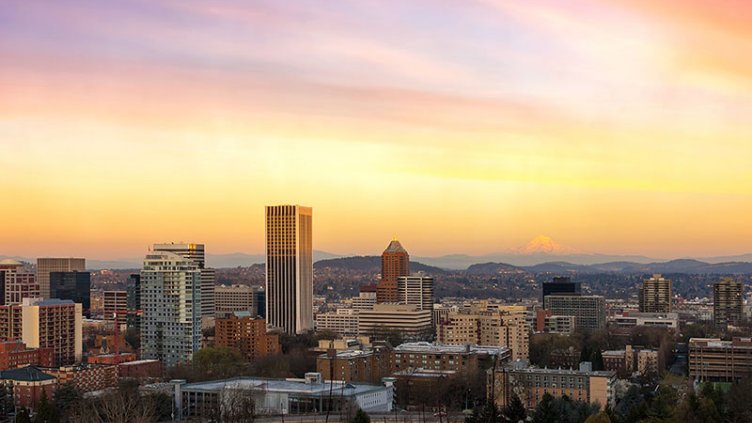 Beautiful sunset view with high rise buildings in Portland