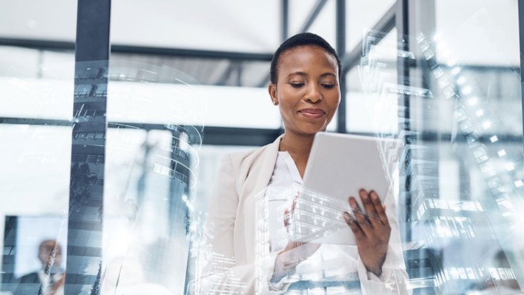 Multiple exposure shot of a mature businesswoman using a digital tablet in a boardroom superimposed on a cityscape