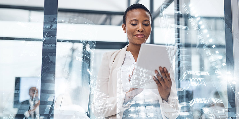 Multiple exposure shot of a mature businesswoman using a digital tablet in a boardroom superimposed on a cityscape